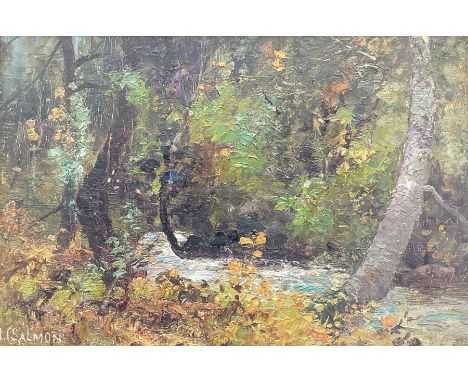 John Cuthbert Salmon (British 1844-1917): A Forest Glade, impasto oil on board signed 15cm x 23cmCondition Report:Good condit