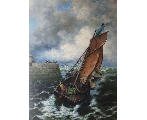 Thomas Rose Miles (British 1844-1916): 'The Hope of Whitby' rounding the Lighthouse Outward Bound, oil on canvas signed 101.5