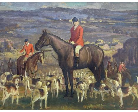 English School (Early/Mid 20th century): The Hunt in Upland Country, oil on board unsigned, self portrait of the artist in fr