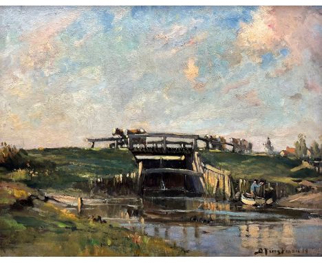 Bertram Priestman RA ROI NEAC (British 1868-1951): 'The Sluice Gate in Suffolk, oil on panel signed and dated '19, titled ver