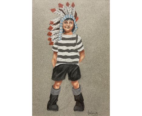 Brian Shields 'Braaq' (Northern British 1951-1997): Self Portrait as a Young Boy with Native American Headdress, pastel signe