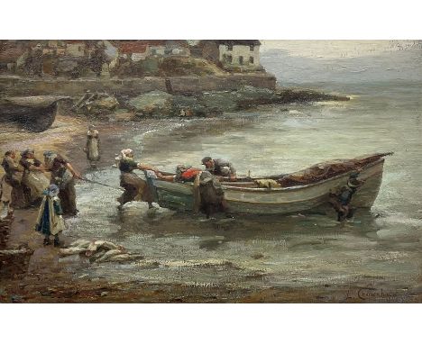 Lionel Townsend Crawshaw (Staithes Group 1864-1949): 'Pulling up the Cobles Runswick Yorkshire', oil on canvas laid on board 