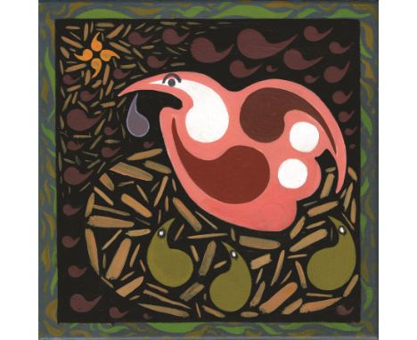 Graham Kingsley Brown (British 1932-2011): Bird Nesting with Hatchlings, acrylic on ceramic tile, signed with initials verso 