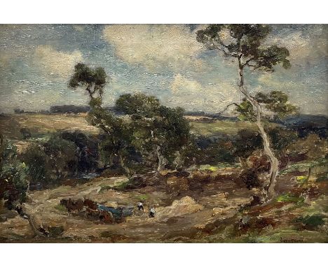 Owen Bowen (Staithes Group 1873-1967): Workers in Langwith Wood Quarry - Collingham, oil on canvas signed c.1915, 34cm x 50cm