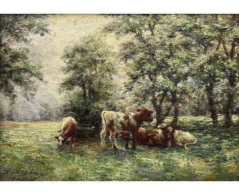 John C Gray (Scottish 1873-1958): Cattle Grazing, oil on canvas signed and dated 1915, 24cm x 34cm Notes: Gray, a Dundee arti