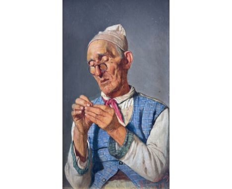 Giuseppe Costantini (Italian 1843-1894): Gentleman Threading a Needle, oil on panel signed and dated 1879, 17cm x 10cmConditi