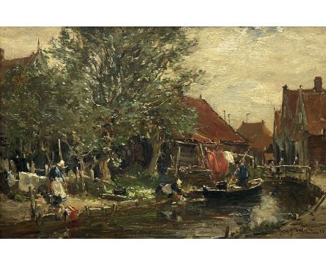 Owen Bowen (Staithes Group 1873-1967): The Canal Side - Volendam, oil on canvas signed and dated '08, 34cm x 52cmCondition Re