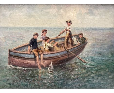 Laszlo Ritter (Hungarian 1937-2003): 'Five in a Boat', oil on canvas board signed, titled verso 29cm x 39cmCondition Report:G