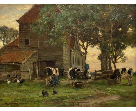 Owen Bowen (Staithes Group 1873-1967): Milking Time - Rijsoord Holland, oil on canvas signed and dated 1910, 34cm x 44cm Prov