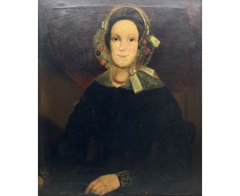 T Lang (Early 19th century): Portrait of a Lady with a Lace Bonnet and Collar, signed and dated 1842, 72cm x 61cmCondition Re