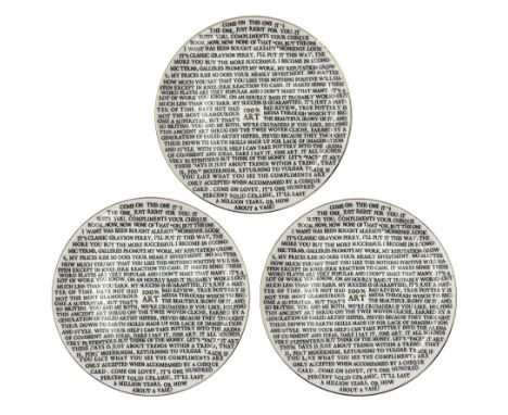 Grayson Perry (British 1960 -): '100% Art', set of three ceramic plates, each with artist's seal printed to base and individu