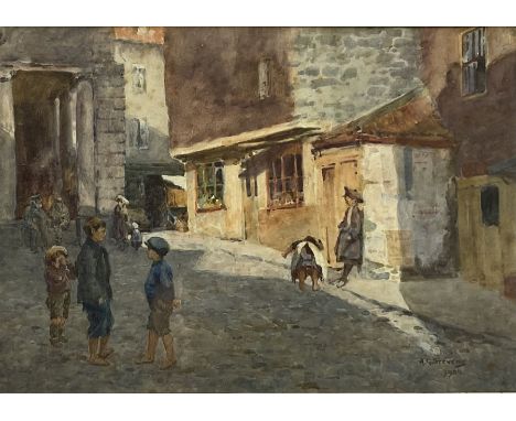 Albert George Stevens (Staithes Group 1863-1925): Children in Whitby Market Place, watercolour signed and dated 1906, 24cm x 