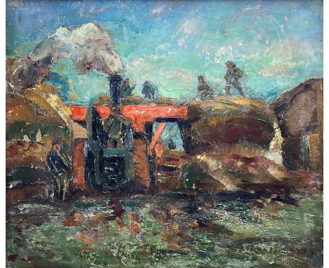 James Arundel (British 1875-1960): 'Threshing - Lincolnshire', oil on panel signed, titled and dated 1939 verso 59cm x 69cmPr