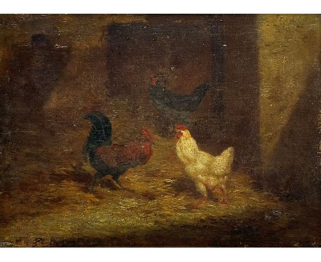Paul Henry Schouten (Belgian 1860-1922): Chickens in a Barn, oil on canvas laid on panel signed 25cm x 34cmCondition Report:G