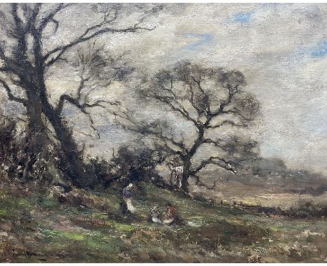 Owen Bowen (Staithes Group 1873-1967): 'The First Primroses', oil on canvas signed and dated 1917, original title label with 