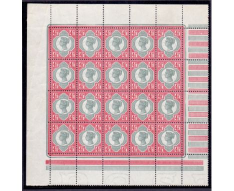 GREAT BRITAI STAMPS : 1892 4 1/2d marginal pane of 20, unmounted mint, couple of light creases but otherwise fine. SG 206