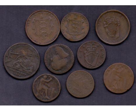 Coins : Small batch of early tokens plus an Irish "thick" Penny, Jersey QV shilling. Includes Wilkinson Iron tokens etc.