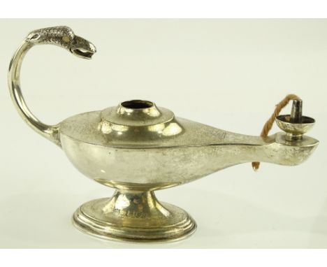 An Edwardian silver Aladdin's lamp design table lighter, London 1902, length 15cm.