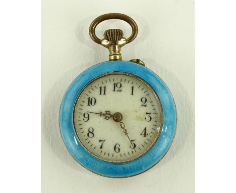 A late Victorian silver and blue enamel open face topwind fob watch, the case decorated with a female portrait, case width 28