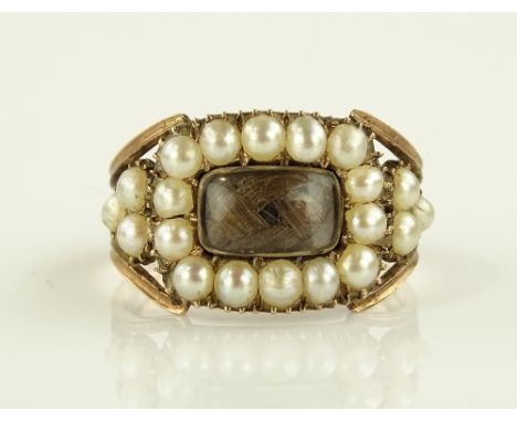A George III unmarked gold memorial ring, central hair panel in pearl surround, inscribed verso John Mullens, died 4th June 1