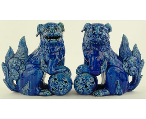 A pair of Chinese blue glazed ceramic dogs of fo, height 19cm.