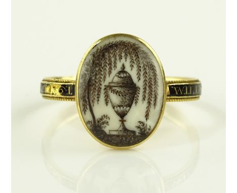 A George III unmarked gold memorial ring, hand painted ivory panel depicting an urn, enamelled band inscribed William Harriso