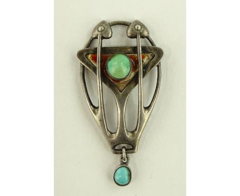 A Murrle Bennett Art Nouveau silver turquoise and enamel pendant, signed, length 38mm, (enamel chipped).