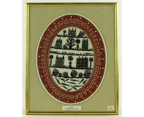 Scottie Wilson (1888-1972), a ceramic plate with hand painted stylised swans, fish and buildings, signed, 40cm x 32cm, in gla
