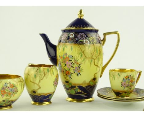 A fine quality Carltonware coffee service for 6-people circa 1920, gilded and enamelled floral decoration on blue and yellow 