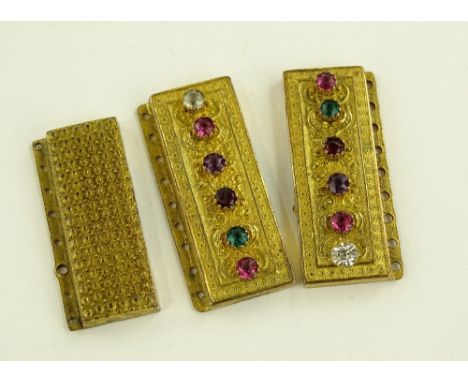 3 Georgian gilt metal clasps, 2 set with regard stones, panel height 38mm, (3).
