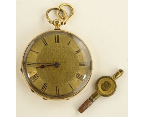A 14ct gold cased open face fob watch, engine turned face with keywind movement, case width 36mm, boxed.