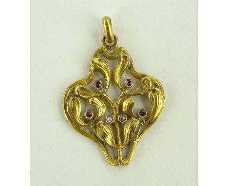 An Art Nouveau 18ct gold ruby and diamond set pendant, length 26mm.