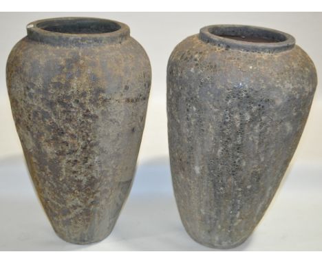 A pair of large mottle glazed ceramic garden urns, height 36".