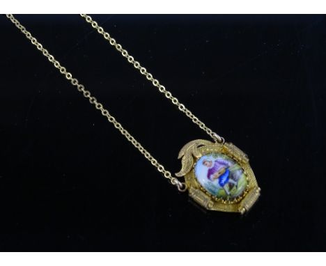A Victorian gilt metal necklace with miniature portrait plaque pendant and locket back, pendant height 24mm.