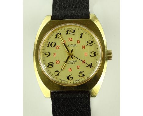A gent's Vintage Art Deco Bulova wristwatch, gold plated case, case width 34mm, working order.