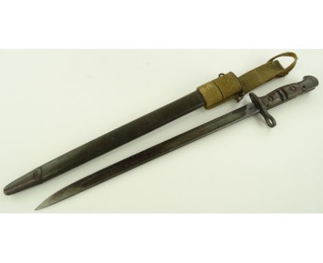 An American First War period sword bayonet dated 1917, original brass mounted leather scabbard, blade length 42.5cm.