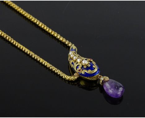 A Victorian 15ct gold snake design collar, the snakes head clasp set with pearls and rubies in blue enamel ground with polish