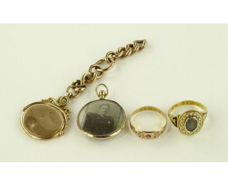 A group of Victorian gold memorial jewellery including a 15ct gold pearl and enamel hair panel ring, and a 22ct ring, total w