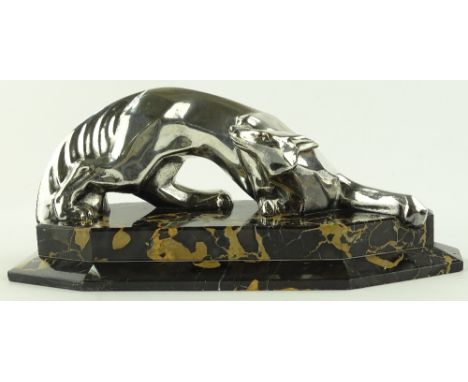 Henri Payen, silvered bronze Art Deco sculpture, Reynard (Fox) on original marble plinth, signed, length 40cm.