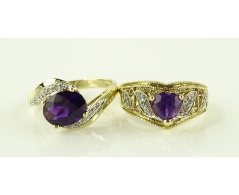 2 9ct gold amethyst and diamond set rings, 5.6g total.