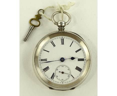 A continental silver cased open face keywind pocket watch, engine turned case with subsidiary seconds dial and 15 jewel movem