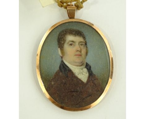 A Georgian miniature watercolour portrait on ivory depicting John Mullens of Basingstoke, (1761-1800), unsigned with woven ha
