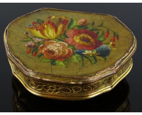 An 18th century Dutch gilt metal snuff box with floral painted panel to the lid, width 5.5cm.