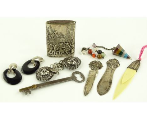 Box containing 3 silver bookmarks, cloak buckle, vesta, jewellery, etc.