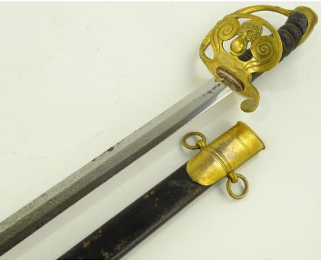 A 19th century Army Officer's dress sword, engraved blade with gilt brass hilt and shagreen grips, original brass mounted lea