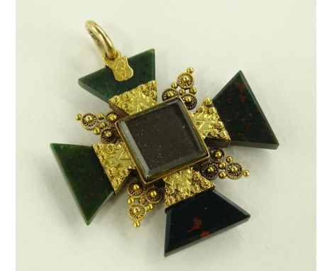A 19th century unmarked gold and bloodstone Maltese Cross design memorial pendant with central crystal panel, width 38mm.