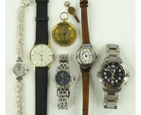 6 Various watches and timepieces, including a 14ct gold cased fob watch, a 9ct cased wristwatch and an unusual silver and nie