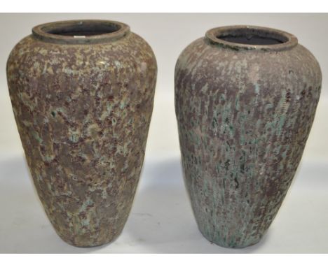 A pair of large mottle glazed ceramic garden urns, height 36".