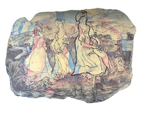 Ann Froshaug (British, 20th century). "The Three Graces", acrylic washed crank clay, 30x42cm.