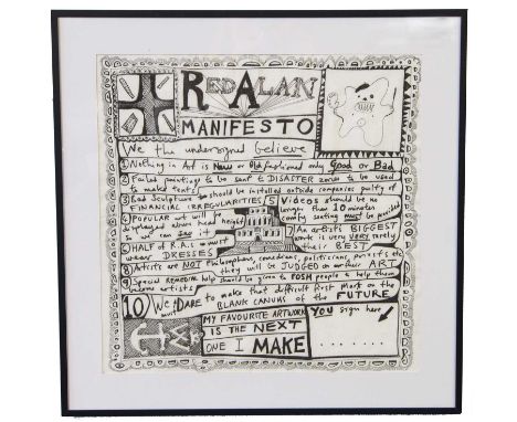 Grayson Perry CBE RBA (British, b.1960), "Red Alan Manifesto", digital print on napkin, 31.5x31.5cm, framed and glazed